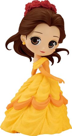 a doll in a yellow dress with red flowers on it's head and long brown hair