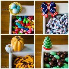 four pictures show different types of candies and cookies