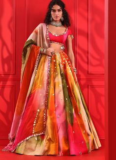 Medley Melange Multicoloured Water Colour Lehenga With Blouse Mahima Mahajan - Fabilicious Fashion Glam Lehenga, Multi Colour Lehenga, Mahima Mahajan, Lehenga With Blouse, Mirror Detail, Lehenga Style Saree, Indian Bridesmaid Dresses, Hot Pink Blouses, Water Paint