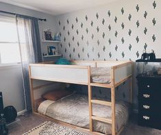 there is a bunk bed in the room with cactus wallpaper on the walls and curtains