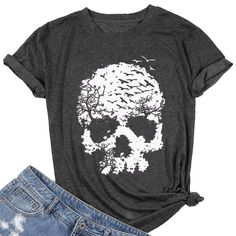 PRICES MAY VARY. Material: Skull Shirts for Women is made of cotton blend, this loose fit vintage graphic tees for women is super soft and perfect fit! Soft, comfortable and lightweight, breathable and stretchy fabric ideal for relaxed casual everyday wear. Features: Women skull shirts, Casual round neck short sleeve summer tops, Womens graphic tees funny cotton, Skull print shirts Halloween Gift t-shirts, Vintage novelty shirts for women, Women casual tshirts loose fit style. Fashion Match: Thi Skull Shirts For Women, Skeleton Funny, Women Skeleton, Halloween Tee Shirts, Gothic Shirts, Funny Tank Tops, Novelty Shirts, Graphic Tank Tops, Skull Shirts