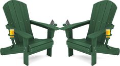 two green adiron chairs sitting next to each other on top of a white background