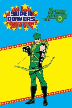 the green arrow character is standing in front of a yellow and blue background with stars