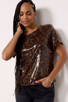 Turn heads in this stylish sequin tee by Sanctuary, featuring a crewneck silhouette, animal print fabric, and short sleeves. Pair with denim or vegan leather for a chic night-out look. | SANCTUARY Women's Sequin Perfect T-Shirt, Size Small, Brown Graphic Tee For Fall Night Out, Graphic Tee For Night Out In Fall, Fitted Sequin Crew Neck T-shirt, Sequin Crew Neck T-shirt, Short Sleeve T-shirt For Fall Night Out, Fitted Crew Neck T-shirt With Sequins, Short Sleeve Top With Sequins For Fall, Short Sleeve Tops With Sequins For Fall, Short Sleeve Sequined Tops For Fall