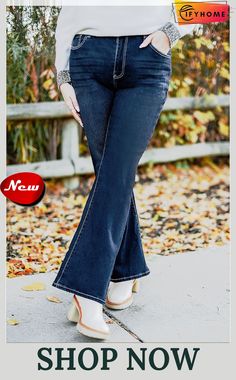 Blue Plus Size Deep Wash Mid-waist Flared Jeans Blue Solid Color Bottoms For Fall, Flared Jeans, Flare Jeans, On Sale, Plus Size, Free Shipping, Blue