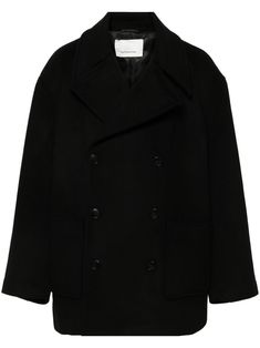 black wool blend double-breasted button fastening spread collar shoulder pads long sleeves two side patch pockets full lining straight hem Tailored Black Double-breasted Pea Coat, Black Double-breasted Pea Coat With Notch Lapel, Black Double-breasted Pea Coat With Lapel Collar, Black Single-breasted Peacoat With Notch Lapel, Black Long Pea Coat With Double-breasted Button Fastening, Mens Wool Coats, Black Wool Coat, The Frankie Shop, Frankie Shop