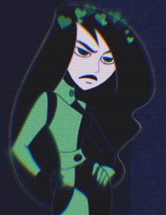 an animated image of a woman with long black hair