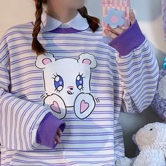 Product ID: JW3753 
 Material: Cotton 
 Color: Purple 
 Size: 
 M  Bust 122cm, Sleeve 52cm, Length 64cm 
 L    Bust 124cm, Sleeve 54cm, Length 64cm www.ccovv.com Mha Dr, Bear Mask, Sparkly Eyes, Striped Sweatshirt, Trendy Sweaters, Striped Sweatshirts, Bear Print, Oversized Sweatshirt, Color Purple