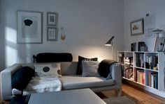 a living room filled with furniture and bookshelves next to a white wall covered in pictures