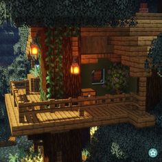 A one-story Treehouse in the game Minecraft supported by six individual trees. It is located in a dense Northern Forest. The frame is mainly made out of Spruce Wood. The walls have a dark green finish which matches perfectly with the leaves of the trees. There are two balcony's, one located in the front and the other located on the left side of the house. Beneath the treehouse there are some crop fields. Treehouse In Minecraft, Minecraft Aesthetic, Minecraft Cottage, Diy Minecraft