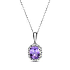 This gorgeous amethyst necklace is a spectacular choice for day or evening. Crafted in sterling silver The center shimmers with a bright cushion-cut amethyst White lab-created sapphires create a sparkling arabesque frame The pendant suspends from an 18-inch box chain that secures with a spring ring clasp White Lab, Amethyst Necklace, I Love Jewelry, Accessories Jewelry Necklace, Necklace Sterling Silver, Arabesque, Box Chain, Cushion Cut, Spring Rings