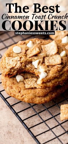 the best cinnamon toast crunch cookies on a cooling rack with text overlay that reads, the best cinnamon toast crunch cookies