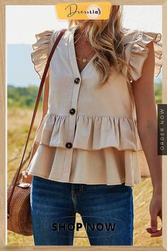 Pure Color Casual Single Row Shirt V-neck Tops Beige V-neck Top For Summer, Solid V-neck Summer Top, Beige V-neck Shirt For Summer, Spring V-neck Shirt, Cotton V-neck Top For Summer, Casual V-neck Top For Summer, V-neck Tops For Spring, Spring V-neck Top, Chic Beige V-neck Shirt