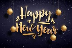 happy new year greeting card with golden ornaments and stars in the background, on a dark blue