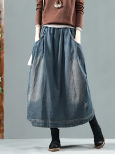 Split-joint Denim Skirt Bottom – uoozee Skirts Denim, Long Denim Skirt, Rock Outfit, Patchwork Skirt, Fall Denim, Plus Size Vintage, A Skirt, Outfits Winter, Jeans Rock