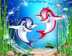 two dolphins are playing in the water