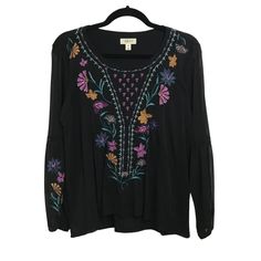 Style & Co. Black Blouse Top Femme Fusion Scoop Neck Multicolored Floral Embroidery Accents Size Pm Pit-Pit: 18.5" Length Front: 23.5" Length Back: 25" Sleeve: 22" Shell/Lining: 100% Nylon Embroidery Accent: 100% Polyester Nwt Spring Embroidered Black Peasant Top, Black Long Sleeve Embroidered Top, Black Long Sleeve Embroidered Top For Summer, Black Embroidered Long Sleeve Top For Summer, Bohemian Black Tops With Embroidered Neckline, Black Embroidered Long Sleeve Peasant Top, Fall Black Top With Floral Embroidery, Fitted Black Embroidered Top For Fall, Black Long Sleeve Tops With Floral Embroidery