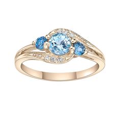 Add a touch of color to your elegant style with this blue, London blue and white topaz ring. Add a touch of color to your elegant style with this blue, London blue and white topaz ring.  Nickel free Metal: sterling silver Packaging: boxed Plating: 14k gold Width: 9 mm Finish: polishedSTONE DETAILS Stone type: blue topaz, London blue topaz, white topaz Total weight: 1 ct. Center stone weight: 1/2 ct. Center stone size: 5 mm x 5 mm Shape: round Setting: prong Gemstones may have been treated to enh Cute Promise Rings, Wedding Room, Blue Topaz Ring, London Blue Topaz, London Blue, Topaz Ring, Silver Blue, White Topaz, Womens Jewelry Rings