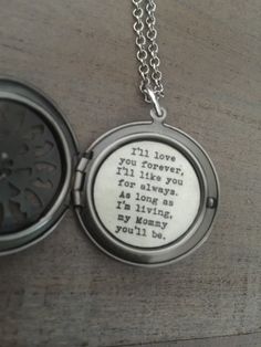 "A lovely filigree locket in a lovely antique silver. The locket has a peek through design when closed. It opens to the beloved quote, \"I'll love you forever, I'll like you for always, as long as I'm living my mommy you'll be.\" Simple, clean and classic. It hangs on an antiqued silver chain. The bird shown in 3rd pic is not on this necklace. It is shown for scale. You may select your desire length at check out. Your locket will arrive beautifully packaged ready for gifting. Not intended for wa Beloved Quotes, Forever Necklace, Locket Design, Silver Locket, Silver Lockets, Love You Forever, Locket Necklace, Gift For Mom, Locket