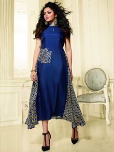 Nitya Navy Blue & Brown Designer Kurti with Pocket - | 1849 Drashti Dhami, Kurtis For Women, Party Wear Kurtis, Long Kurti Designs, Work Party