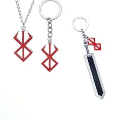 three different types of keychains on a white background, one is red and the other is black