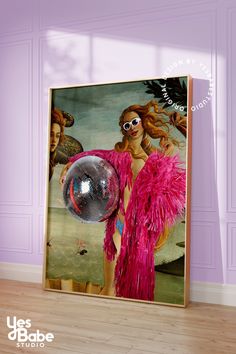 a painting on the wall with a woman holding a disco ball in front of her