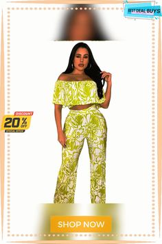 Women's Off Shoulder Wrap Crop Slim Waist Pants Two-piece Set Green Wide Leg Sets For Day Out, Casual Green Pant Set For Summer, Chic Green Pant Set For Spring, Green Two-piece Pant Set For Spring, Spring Green Two-piece Pant Set, Green Pant Set For Spring, Casual High-waist Two-piece Jumpsuits And Rompers, Casual Two-piece High Waist Jumpsuits And Rompers, Spring High Waist Two-piece Sets