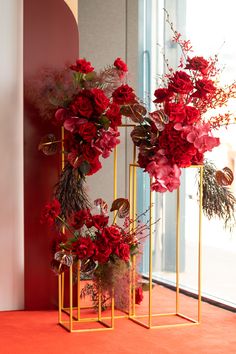 Deep Red Flowers Event Decor All Red Floral Arrangements, Grand Opening Flower Arrangement, Corporate Event Flower Arrangements, Red Flower Decor, Red Floral Installation, Corporate Event Flowers, Red Flowers Arrangements, Red Centerpieces Wedding, Red Event Decor