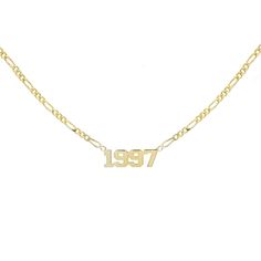 Remember that most important year of your life with Adina's Year Nameplate Necklace, featuring a chic full-year nameplate set on an alluring Figaro chain in either sterling silver or gold plated sterling silver. Make it personal with the year of your graduation, birthday or anniversary to evoke a memorable look that is only perfected when you pair this gold nameplate necklace gem with a few link necklaces. Product Details Made from Sterling Silver Gold Plated Length: 15.5” This Item Requires 12- Anniversary Silver Name Necklace With Figaro Chain, Anniversary Yellow Gold-plated Necklace, Anniversary Yellow Gold Plated Necklace, Elegant Name Necklace With Figaro Chain For Anniversary, Figaro Chain Nameplate Jewelry For Anniversary, Elegant Figaro Chain Name Necklace For Anniversary, 14k Gold Tarnish-resistant Nameplate Necklace, Anniversary Pendant Chain Necklace With Clavicle Chain, Anniversary Pendant Chain Necklace