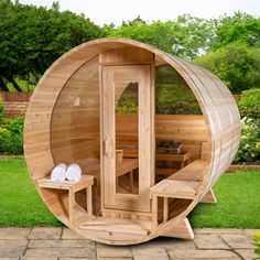 Dundalk - Canadian Timber Serenity MP Outdoor Barrel Sauna - Main Eastern White Cedar, Cedar Bench, Wood Burning Heaters, Sauna Kit, Sauna Heater, Barrel Sauna, Red Cedar Wood, Outdoor Sauna, Tempered Glass Door