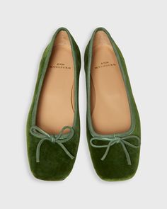 Square-Toe Ballet Flat in Avocado Velveteen | Shop Ann Mashburn Winter Shoes For Women Work Business Casual, Ballet Flats 2024, Square Toe Ballet Flats, Unique Shoes Women, Ballet Flats Aesthetic, Women’s Shoes, Emerald Shoes, Pakistani Shoes, Green Ballet Flats