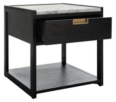 an end table with a marble top and two drawers on one side, against a white background