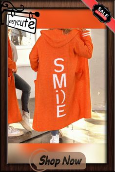 Fall Winter Fashion Hooded Knitted Cardigan Elegant Letter Print Loose Sweater Outwear Women Casual Long Sleeve Loose Midi Coat Trendy Orange Winter Cardigan, Orange Knitted Long Sleeve Outerwear, Orange Knit Long Sleeve Outerwear, Long Sleeve Orange Knit Outerwear, Oversized Orange Winter Cardigan, Oversized Orange Cardigan For Winter, Casual Orange Cardigan For Winter, Orange Knitted Outerwear For Winter, Winter Orange Knitted Outerwear