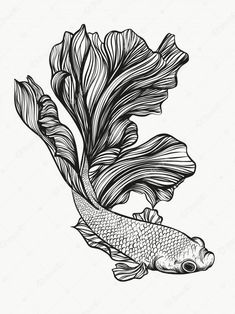 an ink drawing of a fish with leaves on it's back and its tail in the air