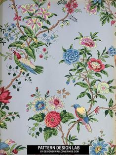 an image of a wallpaper with flowers and birds on it's side, in pastel colors