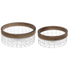 two metal baskets with wooden handles and wire around the rims, on a white background