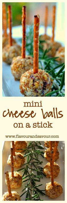 mini cheese balls on a stick with rosemary sprigs and carrots in them