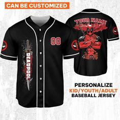 Personalize Deadpool Blodd Hero Sport Marvel Matching Baseball Jersey 1 Casual Black Baseball Jersey For Fans, Black Jersey For Fan Gear With Sublimation Design, Black Sublimation Jersey For Fan Gear, Black Jersey With Sublimation Design For Fans, Black Fan Apparel Jersey, Graphic Print Jersey For Fan Apparel, Black Sporty Sublimation Design For Fan Gear, Sporty Black Sublimation Design For Fan Gear, Black Sports Jersey With Baseball Collar