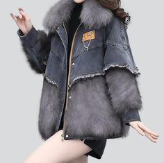 Grey denim jacket with fur online—cool women's denim jacket from the 2023 Autumn-Winter collection. Fashion trends allow individuals to express their originality and showcase their personalities. It can help boost self-confidence and self-esteem by enabling people to look and feel good about themselves. With fashion, you can experiment with new styles and gain the courage to take risks and try new things, leading to tremendous success in all aspects of life.Grey denim has a timeless and effortle Grey Denim Jacket, Iconic Y2k, Denim Jacket With Fur, Jacket With Fur, Oversized Jean Jacket, Denim Patchwork, Grey Denim, Denim Jacket Women, Oversized Silhouette