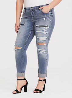 Plus Size Boyfriend Jean - Distressed Medium Wash, Plus Size Boyfriend Jeans, Cute Sweatpants Outfit, Women's Plus Size Jeans, Cute Sweatpants, Jeans Outfit Summer, Sweatpants Outfit, Boyfriend Jean, Women's Evening Dresses, Women Denim Jeans