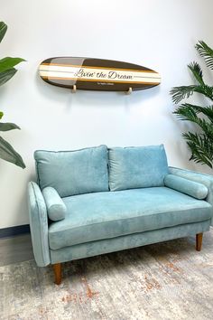 a blue couch sitting in front of a surfboard on the wall next to a potted plant