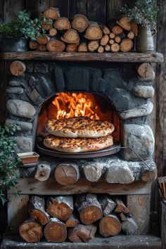 two pizzas cooking in an outdoor brick oven with logs and firewood surrounding them