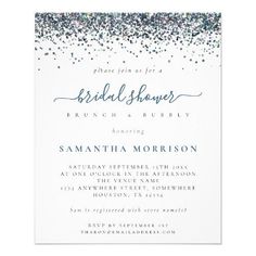 a blue and white birthday party card with confetti on the front, in silver glitter