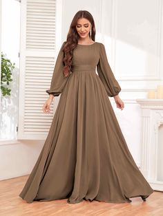 #color_Mocha Round Dresses Long, Bridesmaid Dresses Long Sleeve, Party Silhouette, Dress Elegantly, Long Sleeve Chiffon Dress, Long Frock Designs, Simple Frocks, Beautiful Long Dresses, Dress Sleeves