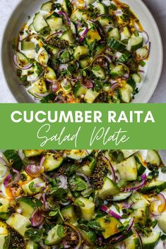 cucumber raita salad with red onions and green herbs in a white bowl