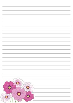 a lined paper with pink flowers on it