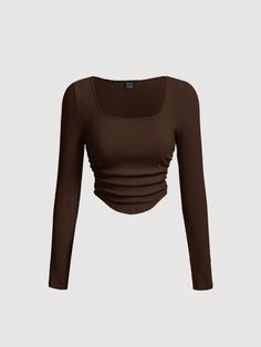 Women's Square Neck Asymmetrical Hem T-Shirt Coffee Brown Casual  Long Sleeve Knitted Fabric Plain  Slight Stretch  Women Clothing, size features are:Bust: ,Length: ,Sleeve Length: Trousers Women Outfit, Shein Outfits, Fashion Tops Blouse, Fashionista Clothes, Cute Everyday Outfits, Green Tops, Long Sleeve Knit, Cute Casual Outfits, Everyday Outfits