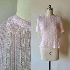 "Vintage 50's sheer pink cotton tucked front blouse with lace size XS  Pale petal pink soft semi sheer cotton button back blouse.  Lovely bodice that has horizontal rows of tiny tucks alternating with lace.  Sweet peter pan collar edged in the same small lace.  The short sleeves lace inset in the hems.  Small darts at the bust.  Rear button. Very nice vintage condition, one small light spot at the back (see last pic) no other issues noted.  No size noted on the label, I estimate a extra small, Fabulous Dresses, Lace Inset, Lace Collar, Dress Form, Small Light, Pan Collar, Pink Blouse, Peter Pan Collar, Pink Cotton