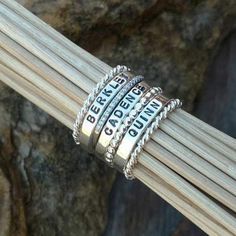 sterling silver stackable rings personalized rings twist ring cz ring ball ring beaded ring Personalized Stackable Rings, Stackable Name Rings, Accent Rings, Stackable Ring Sets, Mom Ring, Name Ring, Gold Diamond Wedding Band, Mother Rings, Stacking Ring Set