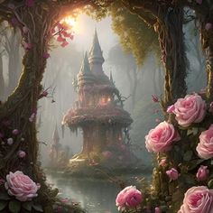 a painting of a castle surrounded by pink roses in the middle of a wooded area